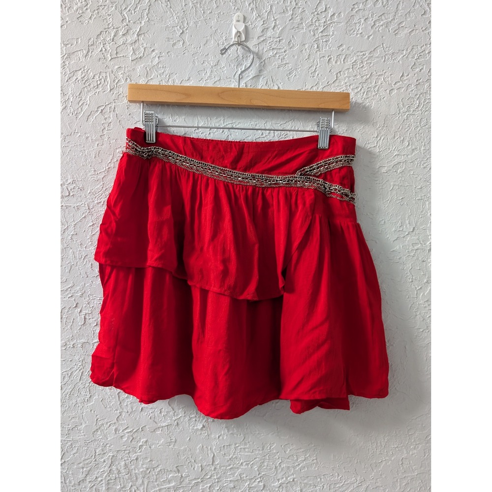 Hot & Delicious Mini Skirt Large Red Tiered Ruffle Silver Chain Detail Festival